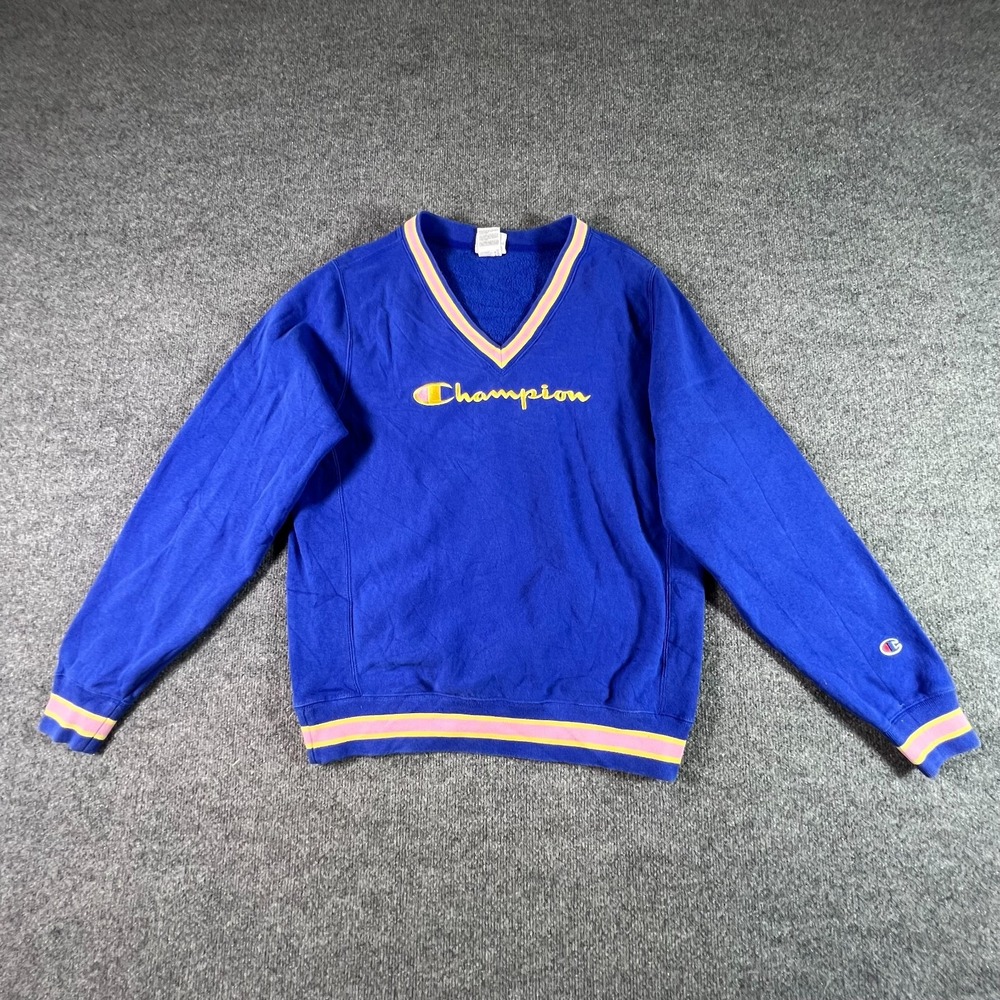 Vintage Champion Heritage Sweatshirt Womens Medium Blue Cotton Fleece Y2K V-Neck